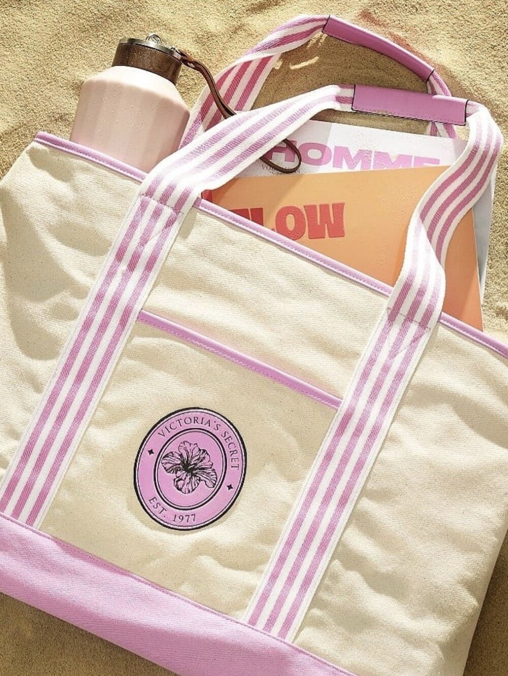 NWT Victoria's Secret Cream Canvas Tote with Pink Trim and Striped Handles
